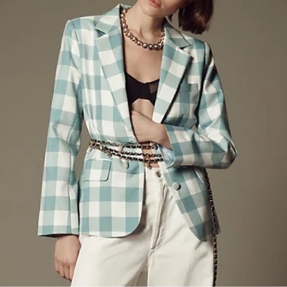 NEW Maeve Anthropologie Gingham Blazer Moss Large - Picture 9 of 9